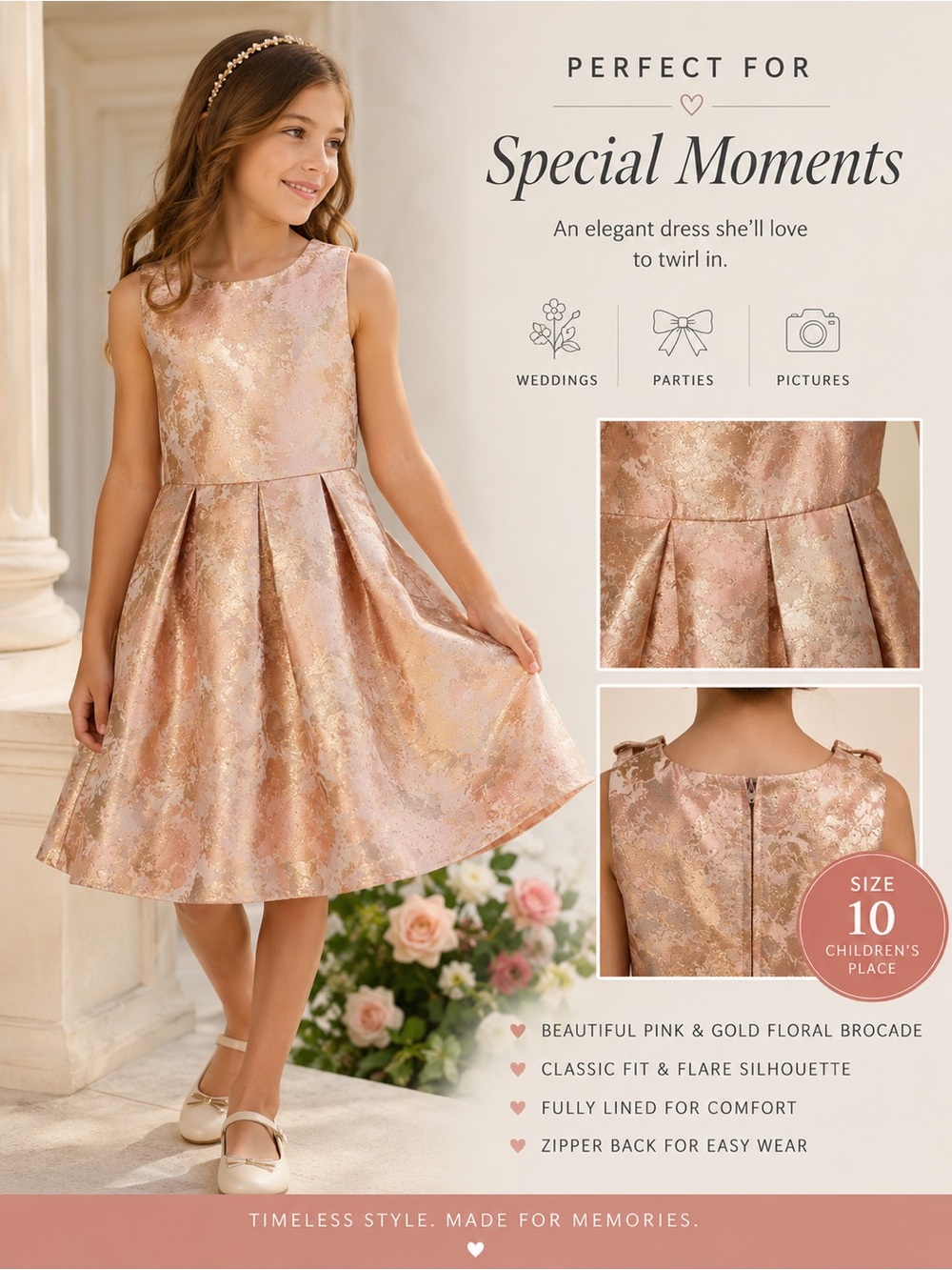 Children’s Place Pink & Gold Floral Brocade Fit-and-Flare Dress